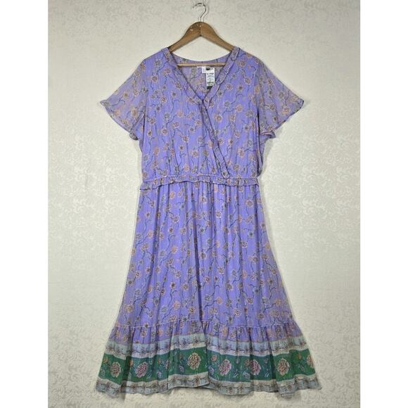 LC Lauren Conrad Flutter Sleeve Faux Wrap Bodice Dress 1X Purple Green Floral - Picture 15 of 16